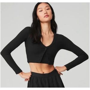 Cropped V-Neck Long Sleeve Cardigan - Black